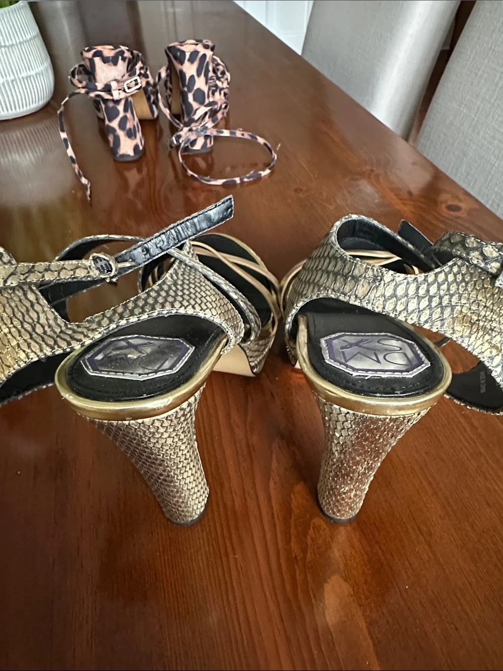 Metallic Gold Platform Sandals with Snake-Print Ankle Wrap
